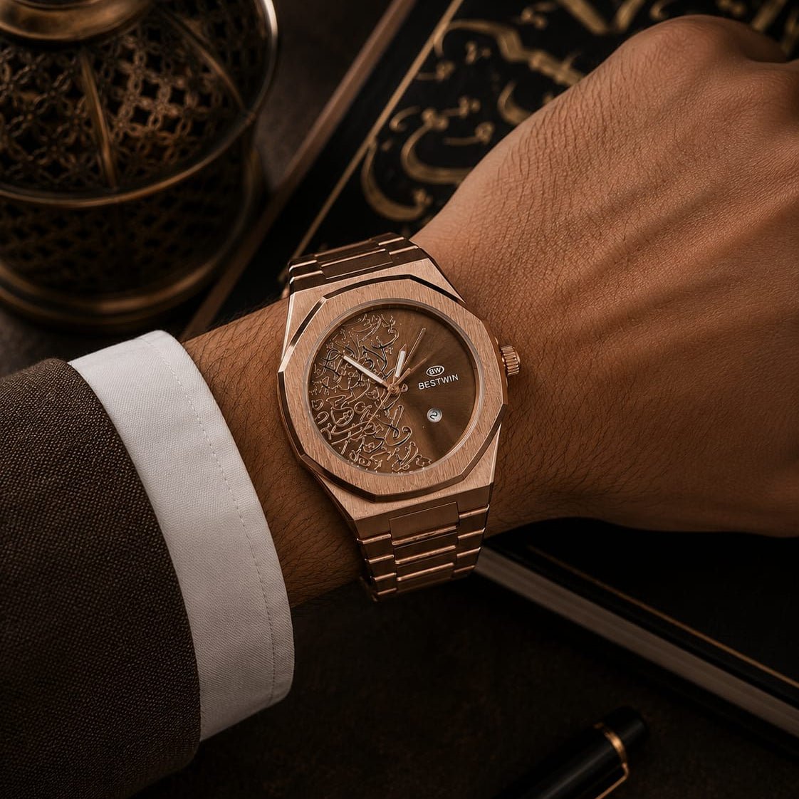 Bestwin Men's Rose Gold | Brown Arabic Calligraphy Dial - VogueHourBestwin Men's Rose Gold | Brown Arabic Calligraphy Dial