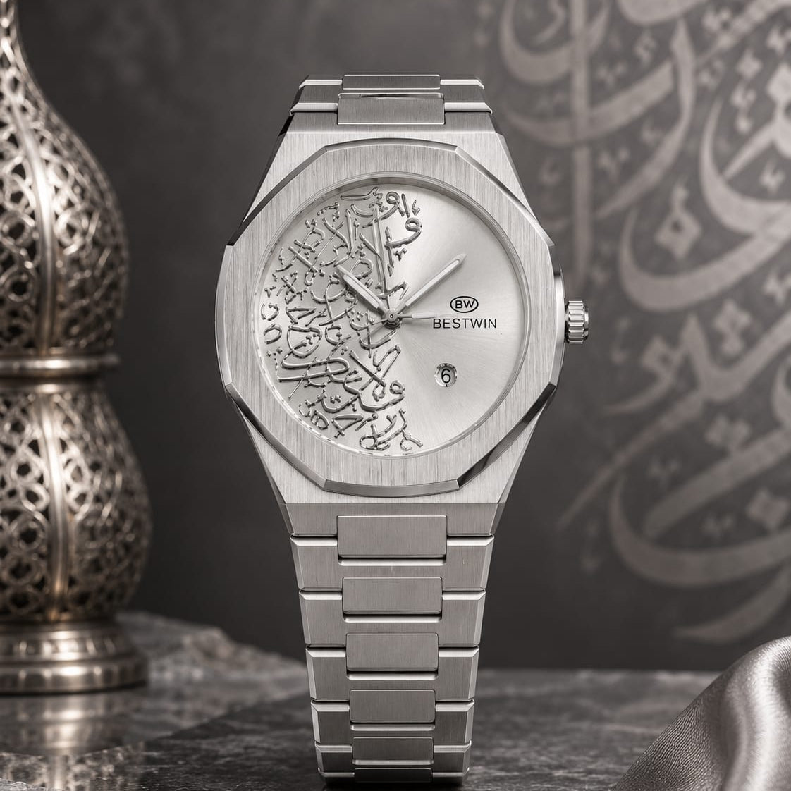 Bestwin Men's | Silver Arabic Calligraphy Dial - VogueHourBestwin Men's | Silver Arabic Calligraphy Dial
