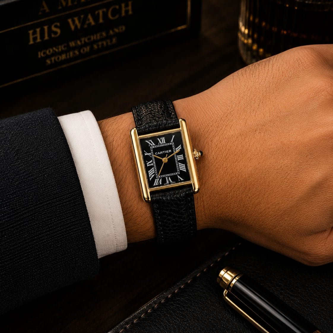Cartier Tank Men's Gold Case | Black Roman Dial | Black Leather Strap - VogueHourCartier Tank Men's Gold Case | Black Roman Dial | Black Leather Strap