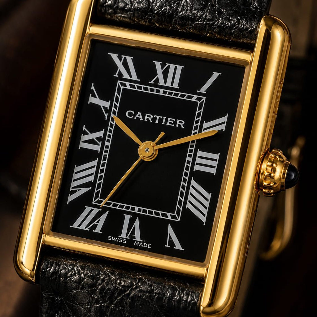 Cartier Tank Men's Gold Case | Black Roman Dial | Black Leather Strap - VogueHourCartier Tank Men's Gold Case | Black Roman Dial | Black Leather Strap
