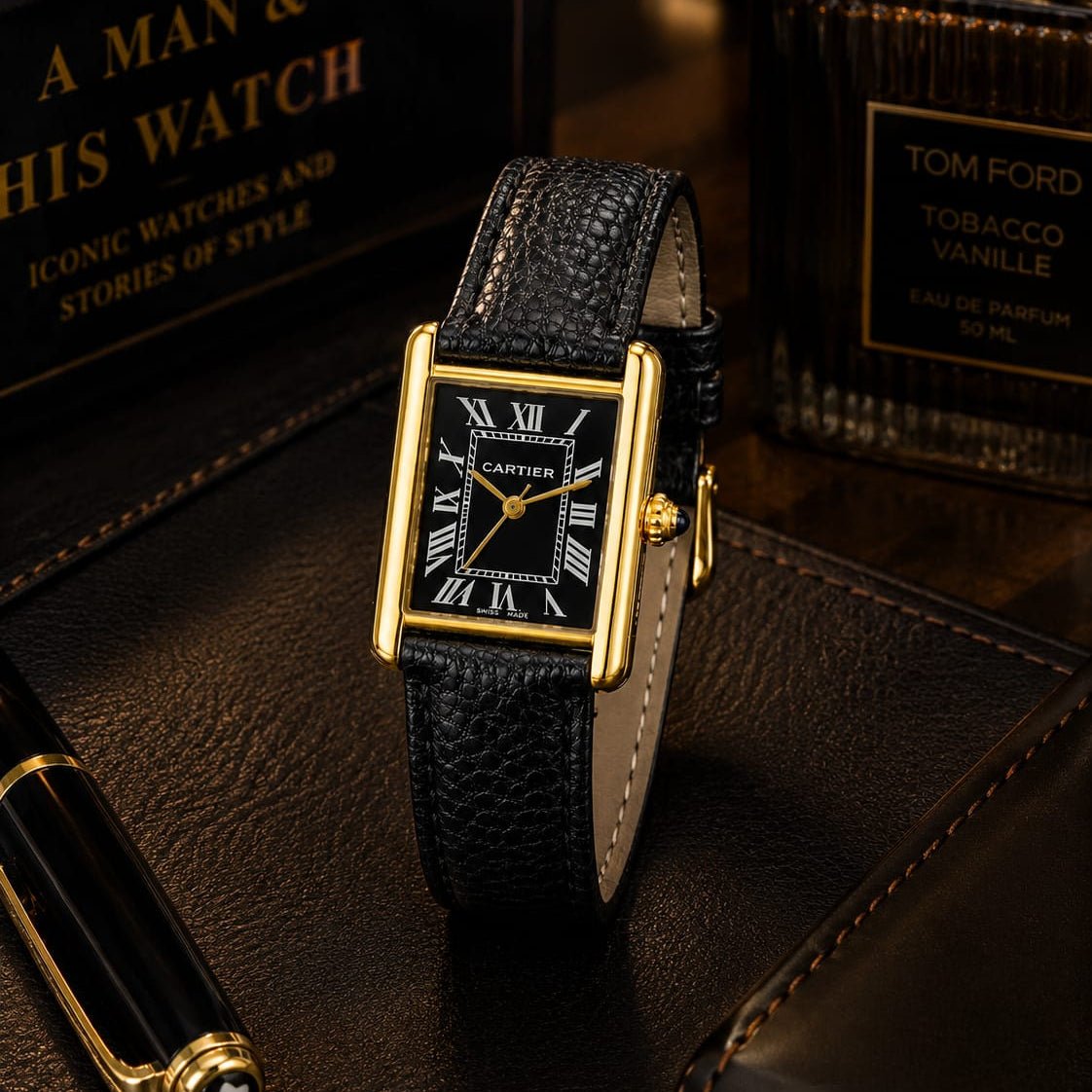 Cartier Tank Men's Gold Case | Black Roman Dial | Black Leather Strap - VogueHourCartier Tank Men's Gold Case | Black Roman Dial | Black Leather Strap
