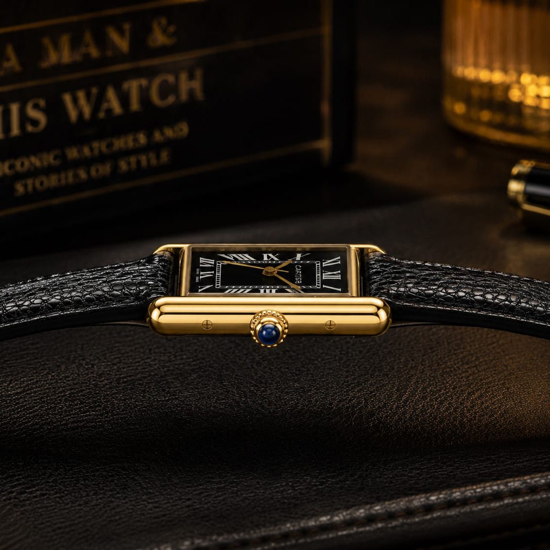 Cartier Tank Men's Gold Case | Black Roman Dial | Black Leather Strap - VogueHourCartier Tank Men's Gold Case | Black Roman Dial | Black Leather Strap