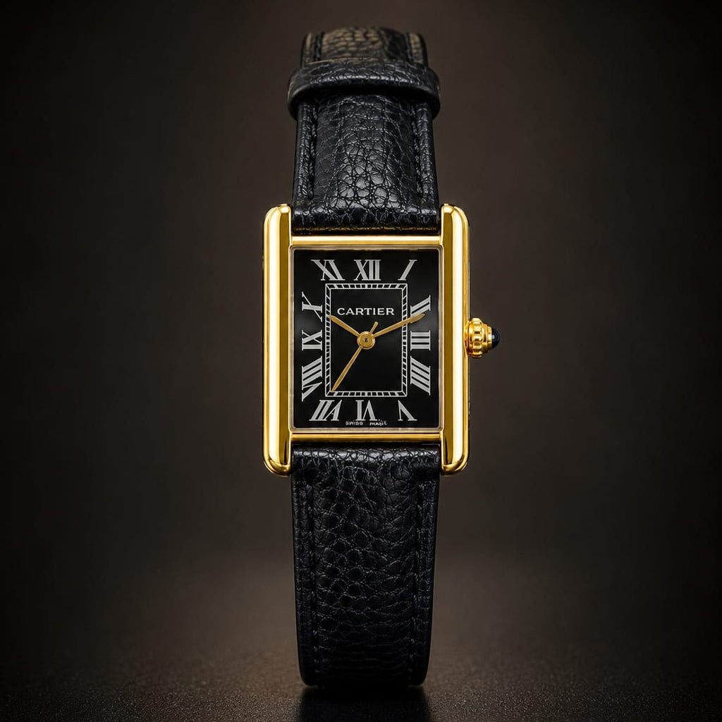 Cartier Tank Men's Gold Case | Black Roman Dial | Black Leather Strap - VogueHourCartier Tank Men's Gold Case | Black Roman Dial | Black Leather Strap