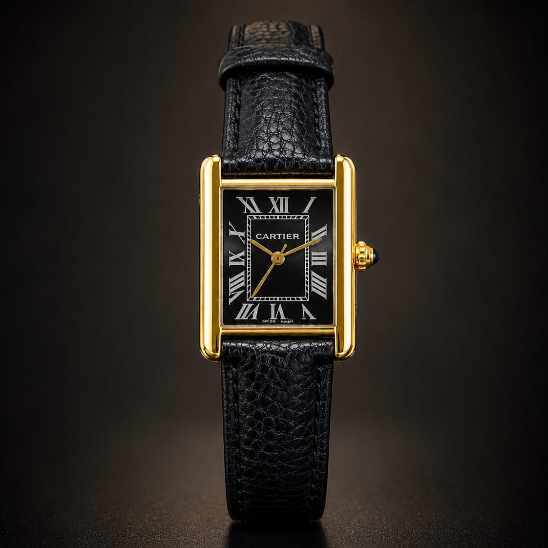 Cartier Tank Men's Gold Case | Black Roman Dial | Black Leather Strap - VogueHourCartier Tank Men's Gold Case | Black Roman Dial | Black Leather Strap