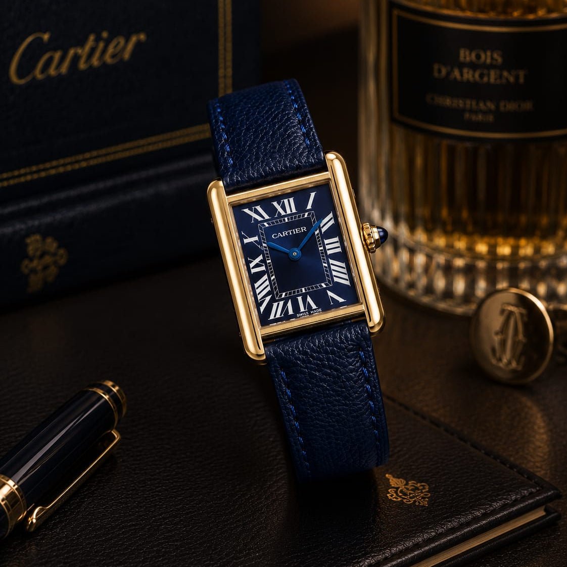 Cartier Tank Men's Gold Case | Blue Roman Dial | Blue Leather Strap - VogueHourCartier Tank Men's Gold Case | Blue Roman Dial | Blue Leather Strap