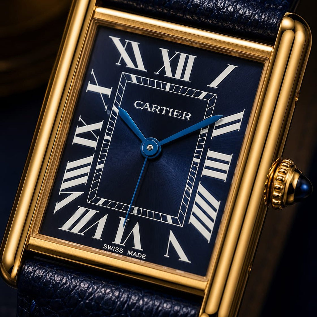 Cartier Tank Men's Gold Case | Blue Roman Dial | Blue Leather Strap - VogueHourCartier Tank Men's Gold Case | Blue Roman Dial | Blue Leather Strap
