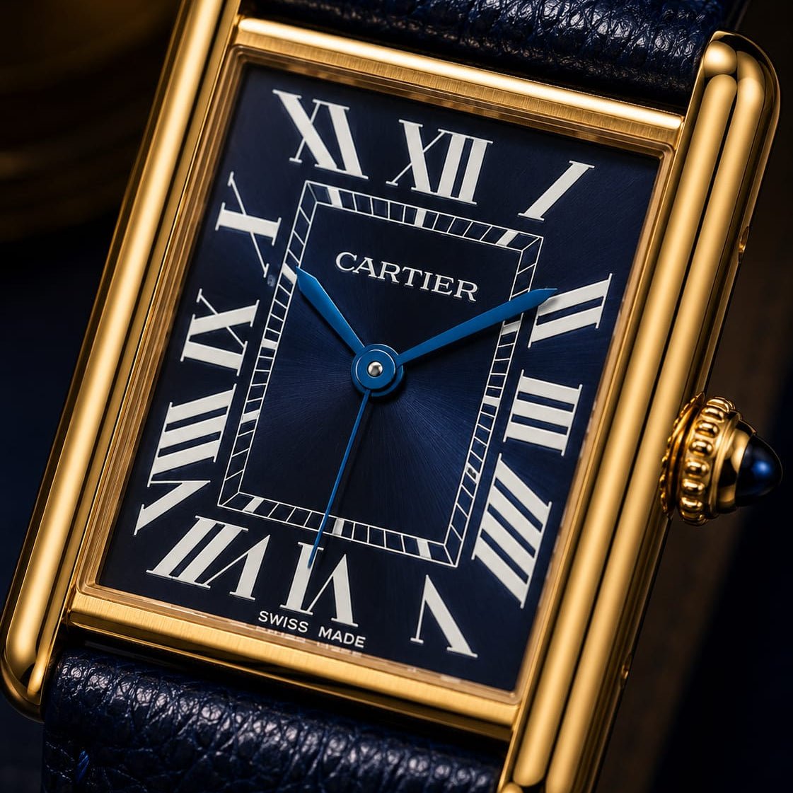 Cartier Tank Men's Gold Case | Blue Roman Dial | Blue Leather Strap - VogueHourCartier Tank Men's Gold Case | Blue Roman Dial | Blue Leather Strap