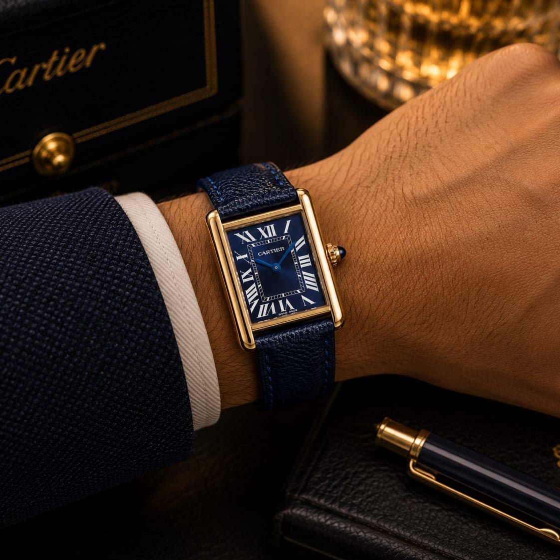 Cartier Tank Men's Gold Case | Blue Roman Dial | Blue Leather Strap - VogueHourCartier Tank Men's Gold Case | Blue Roman Dial | Blue Leather Strap