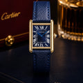 Cartier Tank Men's Gold Case | Blue Roman Dial | Blue Leather Strap - VogueHourCartier Tank Men's Gold Case | Blue Roman Dial | Blue Leather Strap