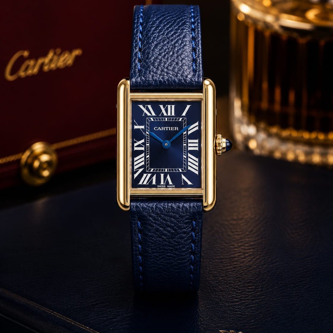 Cartier Tank Men's Gold Case | Blue Roman Dial | Blue Leather Strap - VogueHourCartier Tank Men's Gold Case | Blue Roman Dial | Blue Leather Strap