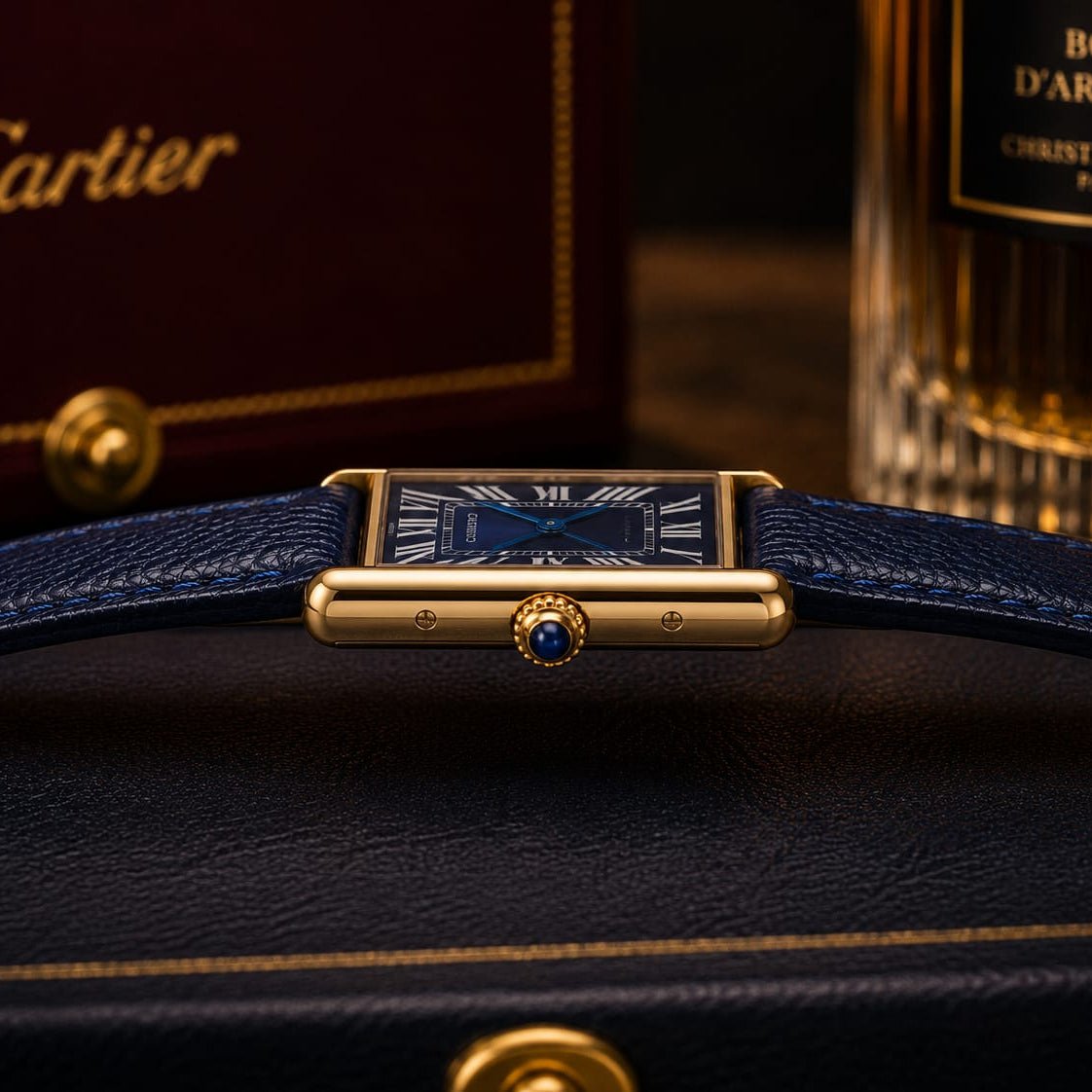 Cartier Tank Men's Gold Case | Blue Roman Dial | Blue Leather Strap - VogueHourCartier Tank Men's Gold Case | Blue Roman Dial | Blue Leather Strap