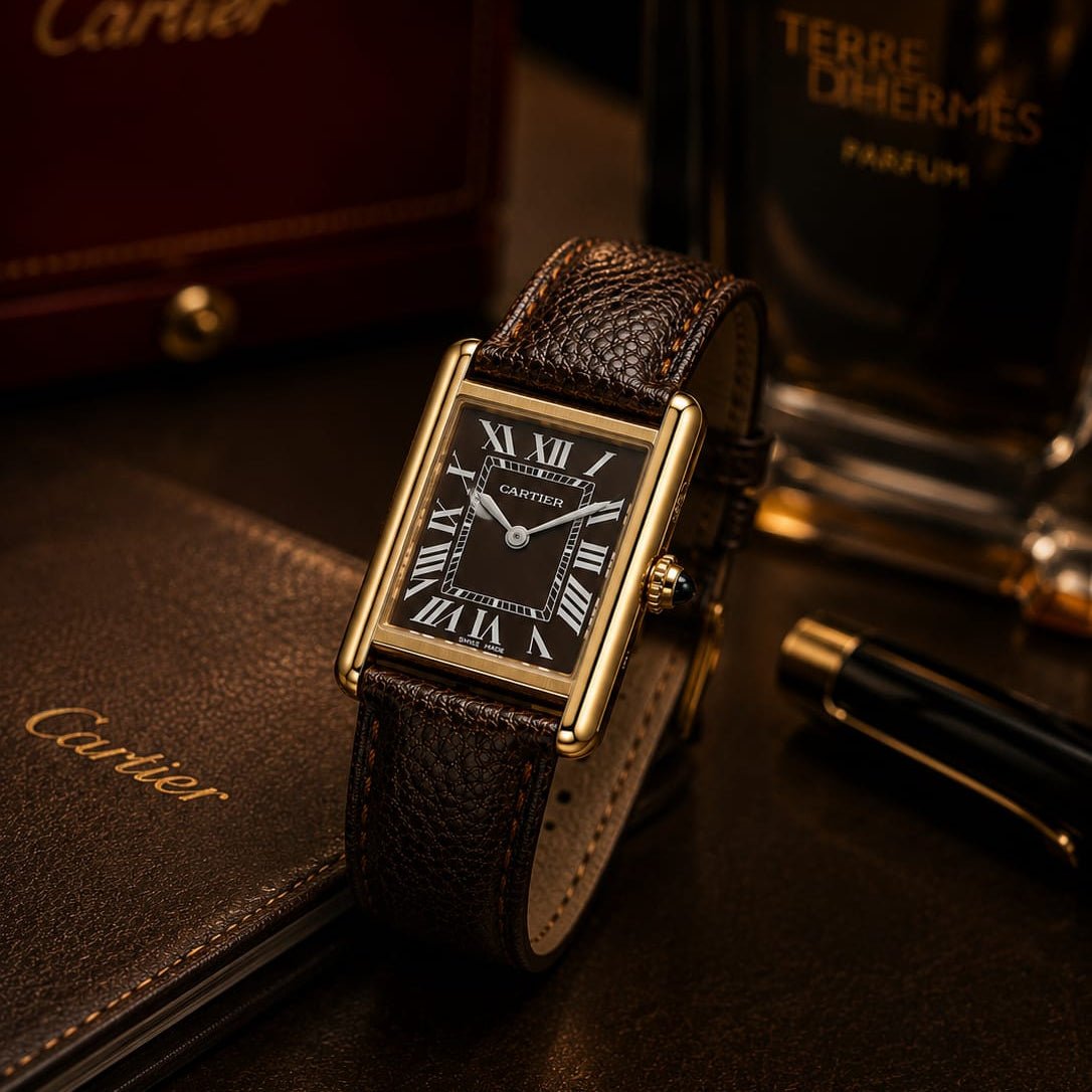 Cartier Tank Men's Gold Case | Brown Sunburst Dial | Brown Leather Strap - VogueHourCartier Tank Men's Gold Case | Brown Sunburst Dial | Brown Leather Strap