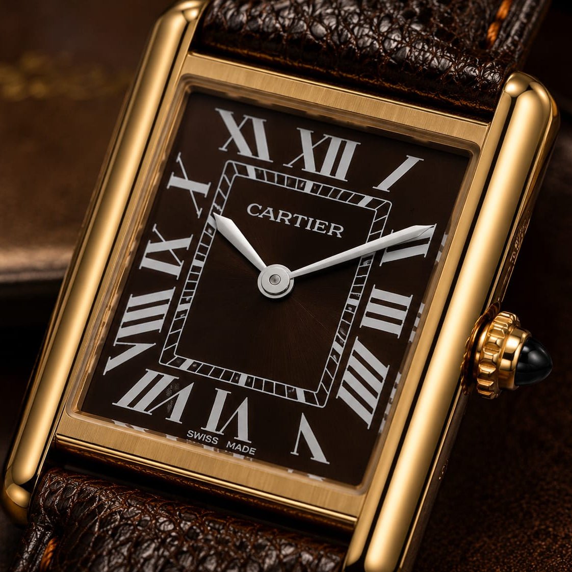 Cartier Tank Men's Gold Case | Brown Sunburst Dial | Brown Leather Strap - VogueHourCartier Tank Men's Gold Case | Brown Sunburst Dial | Brown Leather Strap