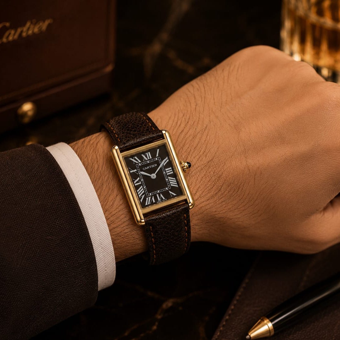 Cartier Tank Men's Gold Case | Brown Sunburst Dial | Brown Leather Strap - VogueHourCartier Tank Men's Gold Case | Brown Sunburst Dial | Brown Leather Strap