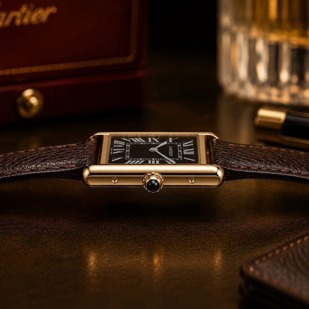 Cartier Tank Men's Gold Case | Brown Sunburst Dial | Brown Leather Strap - VogueHourCartier Tank Men's Gold Case | Brown Sunburst Dial | Brown Leather Strap