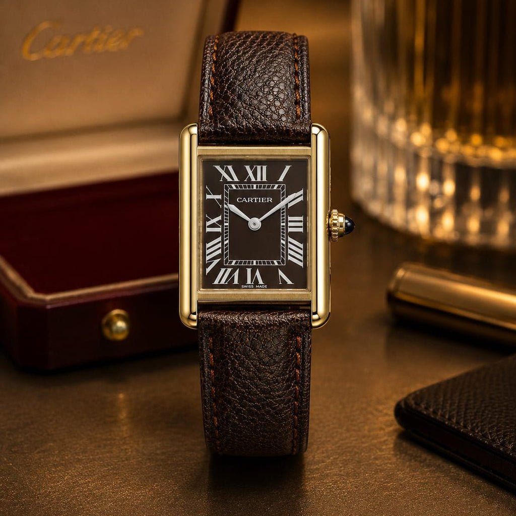 Cartier Tank Men's Gold Case | Brown Sunburst Dial | Brown Leather Strap - VogueHourCartier Tank Men's Gold Case | Brown Sunburst Dial | Brown Leather Strap