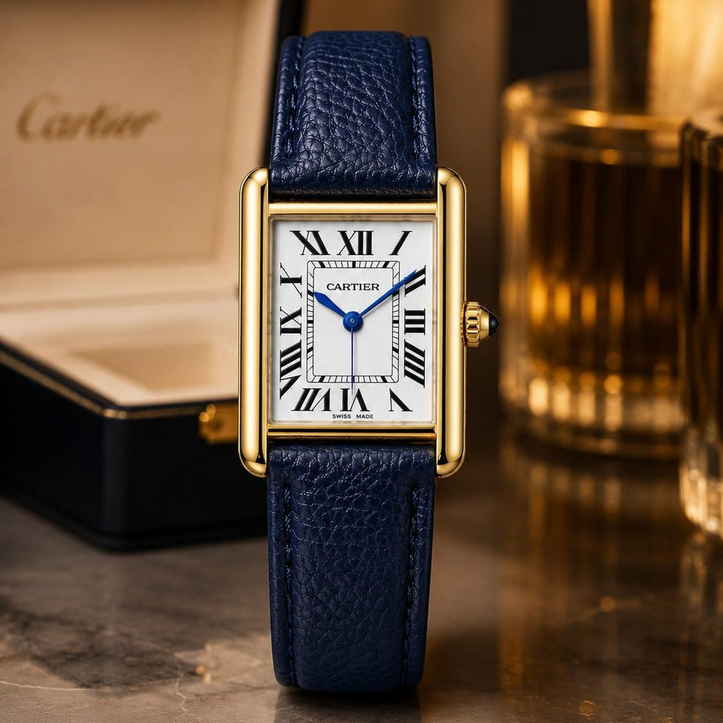 Cartier Tank Men's Gold Case | White Roman Dial | Blue Leather Strap - VogueHourCartier Tank Men's Gold Case | White Roman Dial | Blue Leather Strap