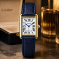 Cartier Tank Men's Gold Case | White Roman Dial | Blue Leather Strap - VogueHourCartier Tank Men's Gold Case | White Roman Dial | Blue Leather Strap