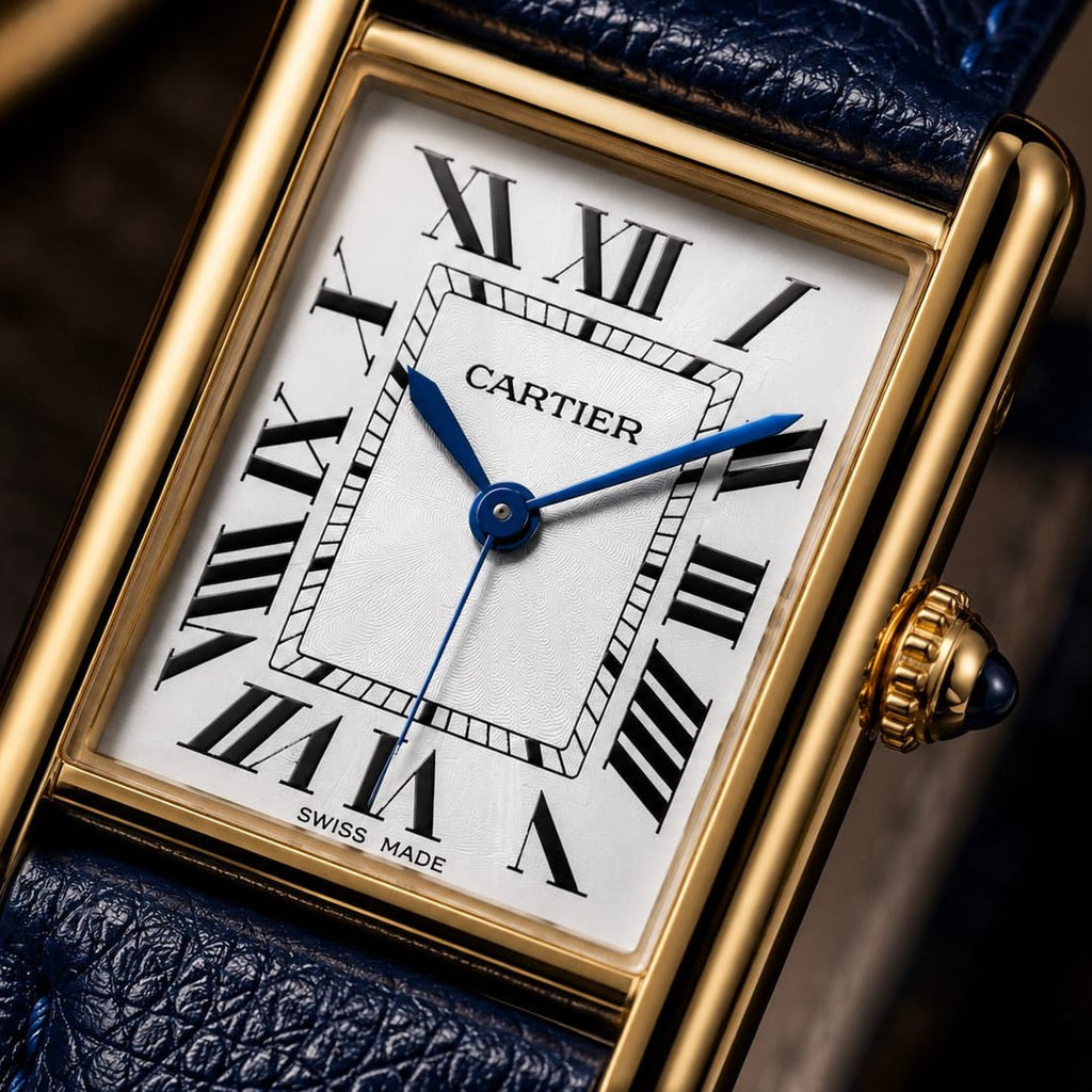 Cartier Tank Men's Gold Case | White Roman Dial | Blue Leather Strap - VogueHourCartier Tank Men's Gold Case | White Roman Dial | Blue Leather Strap