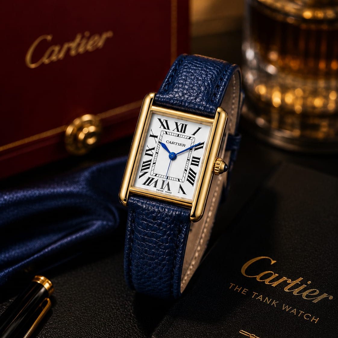 Cartier Tank Men's Gold Case | White Roman Dial | Blue Leather Strap - VogueHourCartier Tank Men's Gold Case | White Roman Dial | Blue Leather Strap