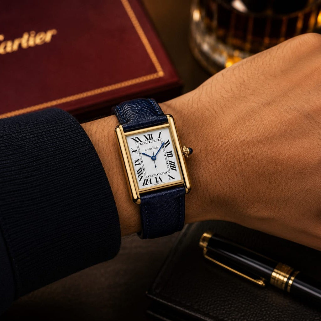 Cartier Tank Men's Gold Case | White Roman Dial | Blue Leather Strap - VogueHourCartier Tank Men's Gold Case | White Roman Dial | Blue Leather Strap