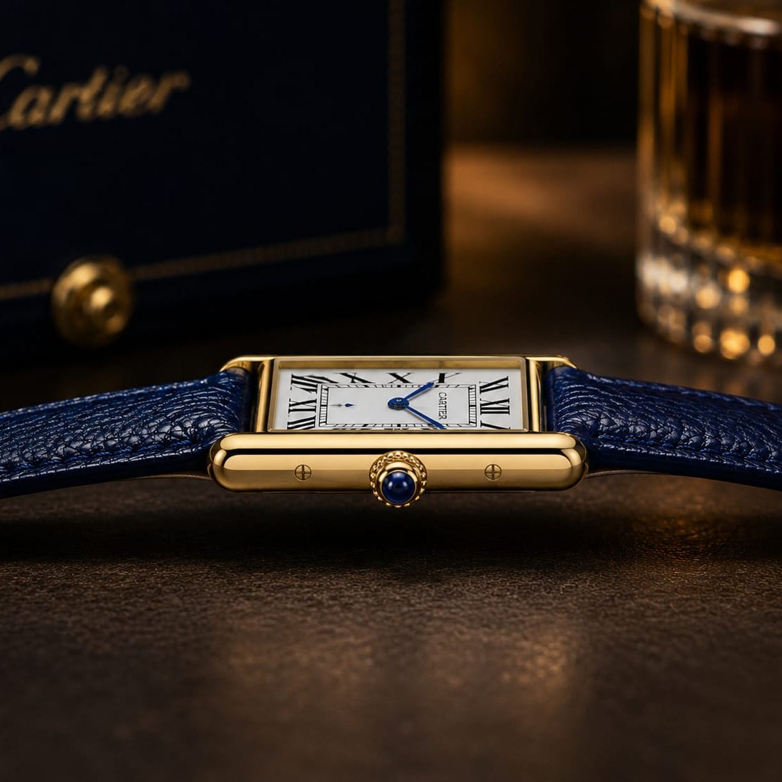 Cartier Tank Men's Gold Case | White Roman Dial | Blue Leather Strap - VogueHourCartier Tank Men's Gold Case | White Roman Dial | Blue Leather Strap