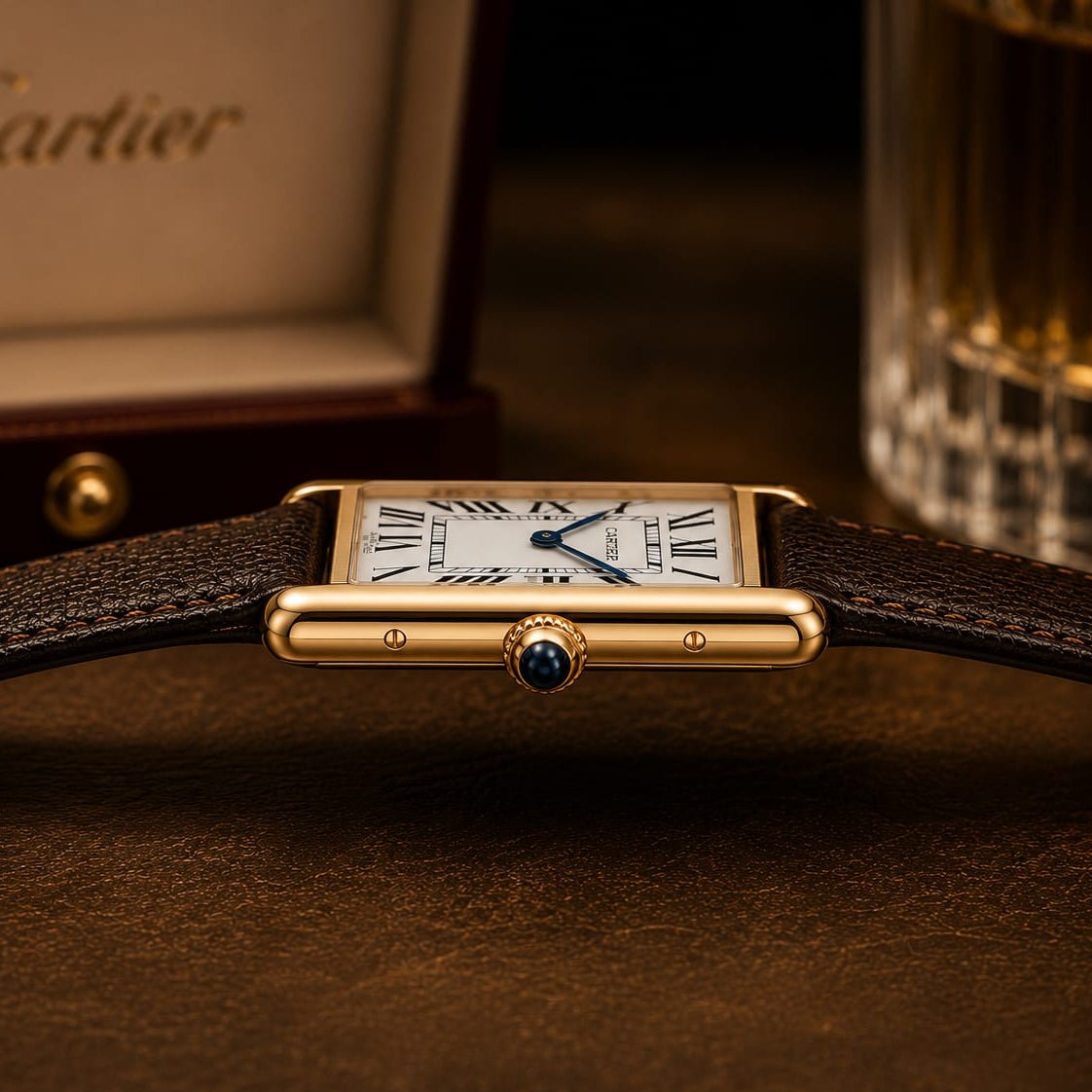 Cartier Tank Men's Gold Case | White Roman Dial | Brown Leather Strap - VogueHourCartier Tank Men's Gold Case | White Roman Dial | Brown Leather Strap