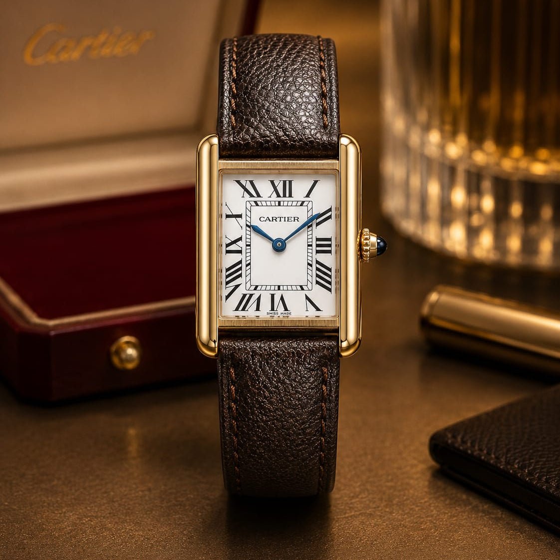 Cartier Tank Men's Gold Case | White Roman Dial | Brown Leather Strap - VogueHourCartier Tank Men's Gold Case | White Roman Dial | Brown Leather Strap