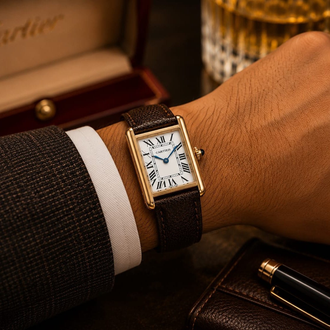 Cartier Tank Men's Gold Case | White Roman Dial | Brown Leather Strap - VogueHourCartier Tank Men's Gold Case | White Roman Dial | Brown Leather Strap