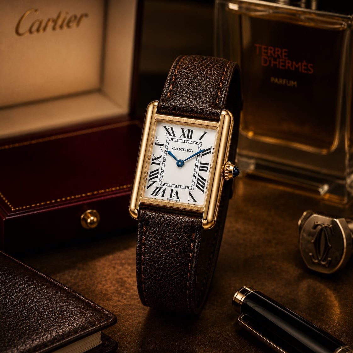 Cartier Tank Men's Gold Case | White Roman Dial | Brown Leather Strap - VogueHourCartier Tank Men's Gold Case | White Roman Dial | Brown Leather Strap