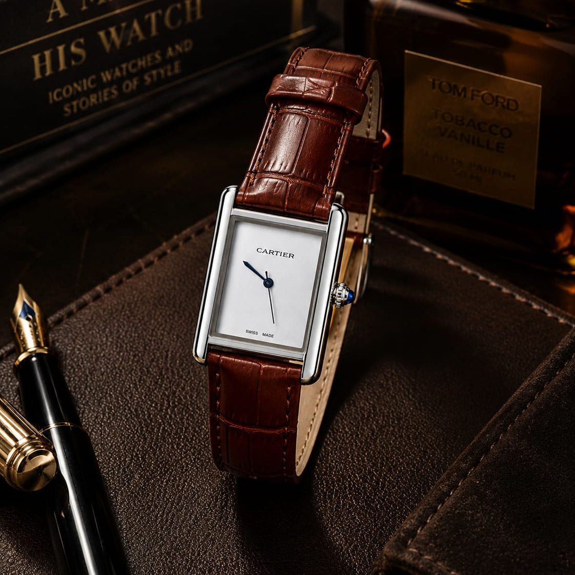 Cartier Tank Men's Silver Case | White Dial | Brown Leather Strap - VogueHourCartier Tank Men's Silver Case | White Dial | Brown Leather Strap