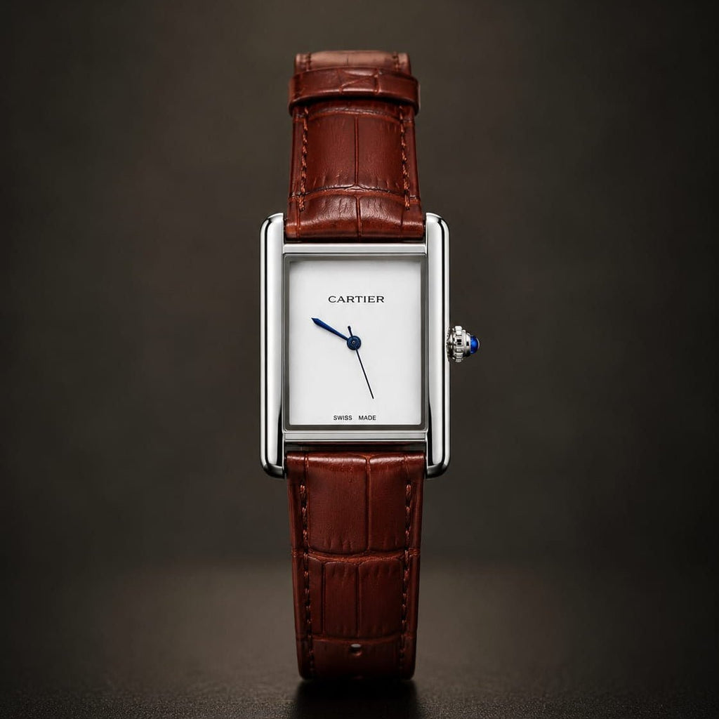 Cartier Tank Men's Silver Case | White Dial | Brown Leather Strap - VogueHourCartier Tank Men's Silver Case | White Dial | Brown Leather Strap