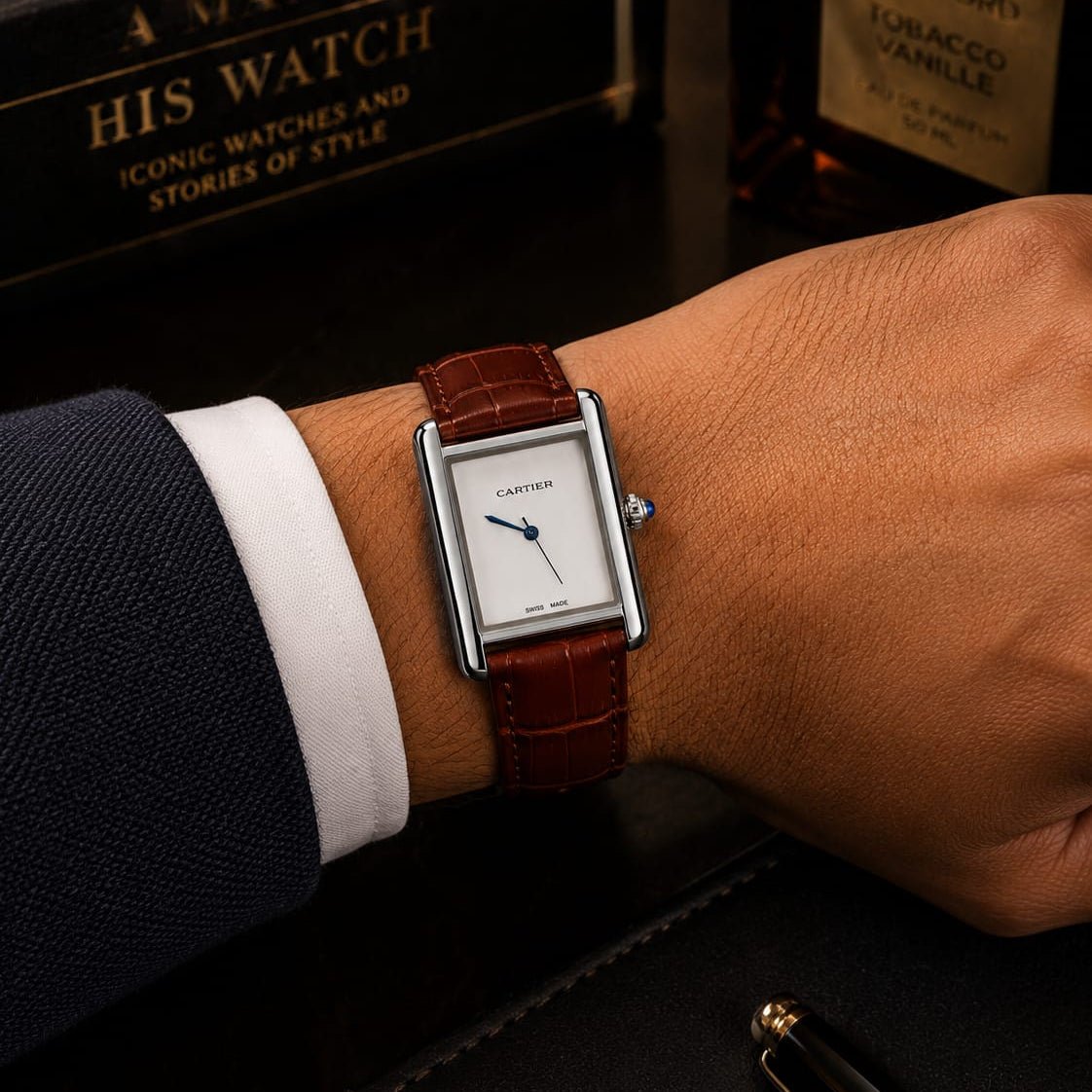 Cartier Tank Men's Silver Case | White Dial | Brown Leather Strap - VogueHourCartier Tank Men's Silver Case | White Dial | Brown Leather Strap