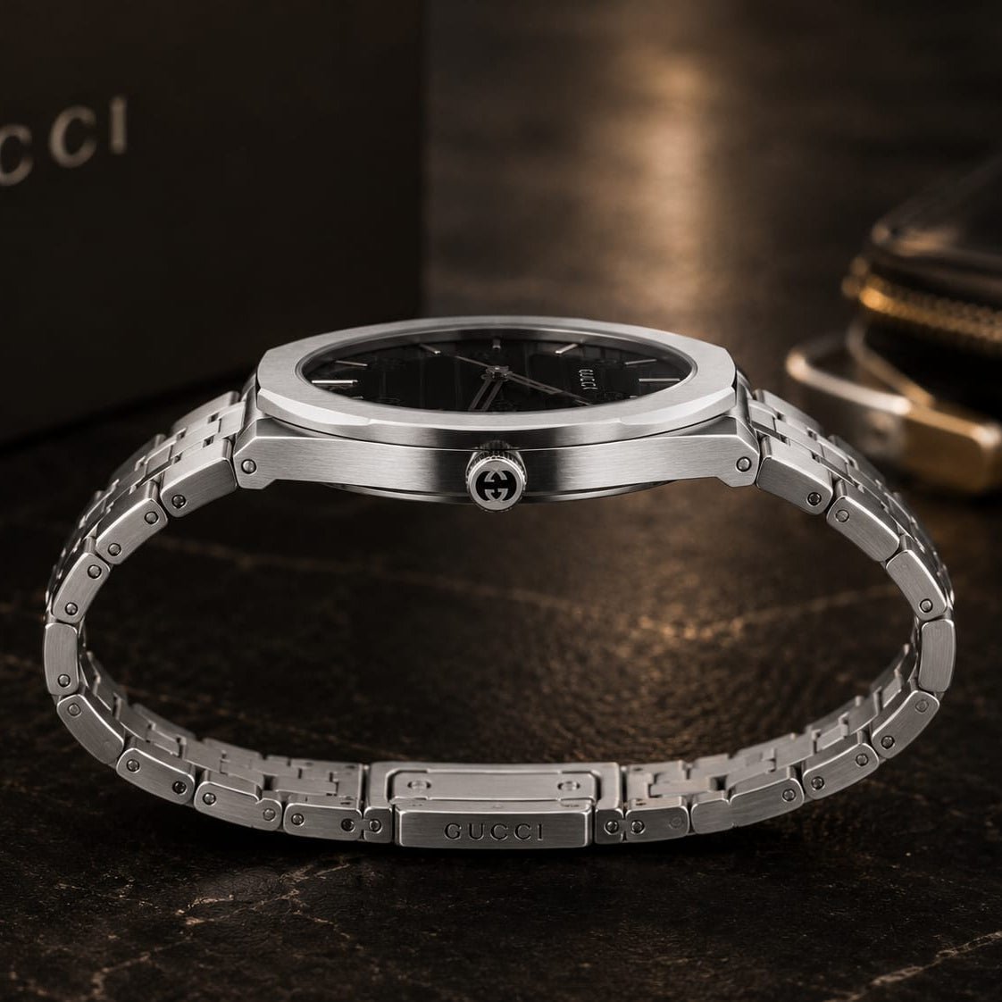 Gucci Men's | Silver Stainless Steel | Black GG Dial - VogueHourGucci Men's | Silver Stainless Steel | Black GG Dial