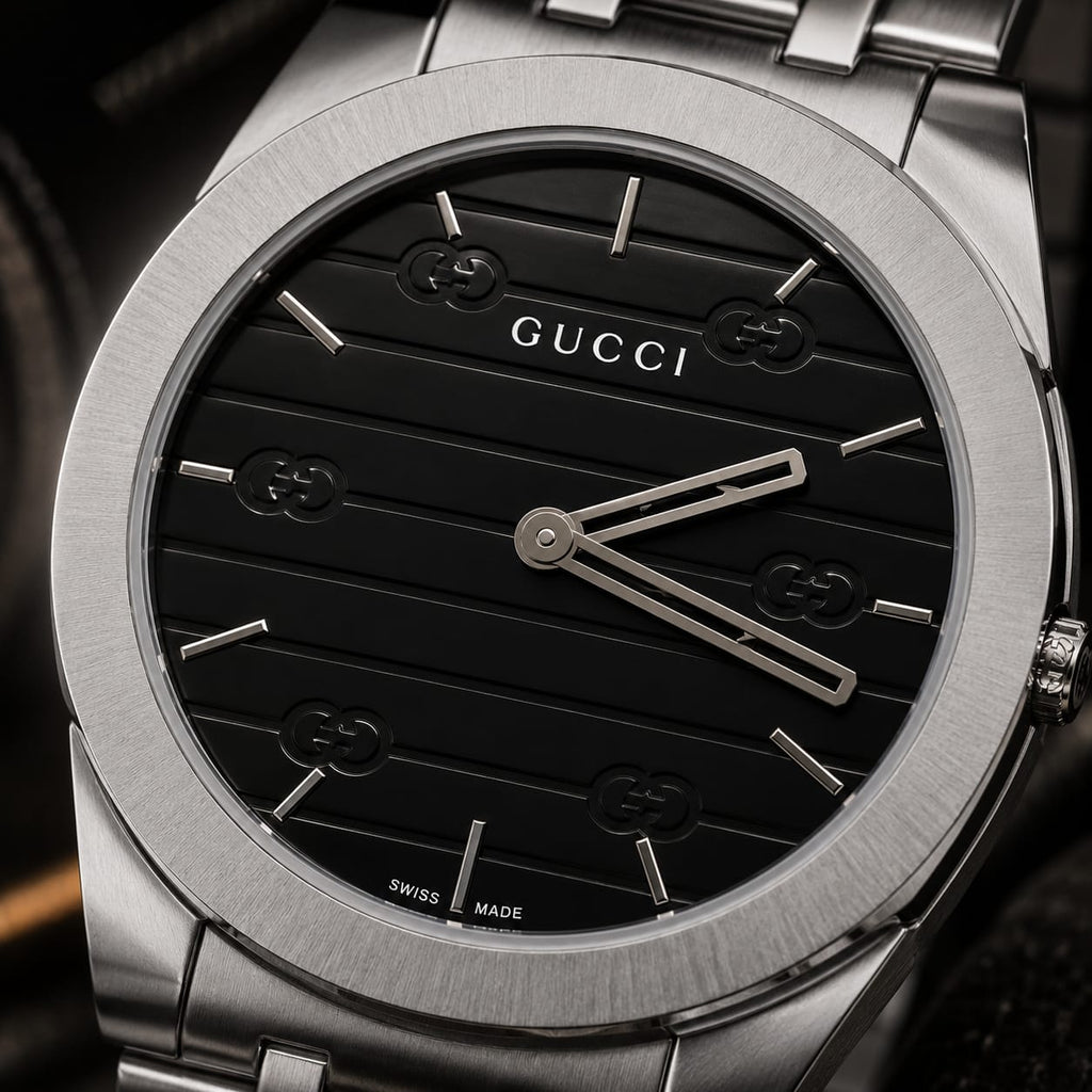 Gucci Men's | Silver Stainless Steel | Black GG Dial - VogueHourGucci Men's | Silver Stainless Steel | Black GG Dial