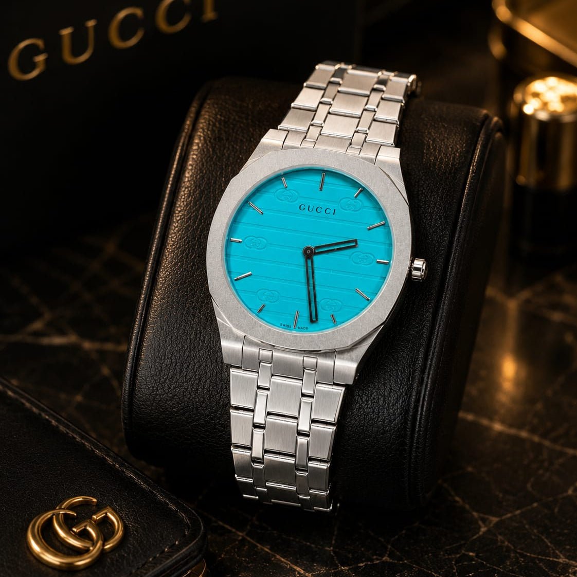 Gucci Men's | Silver Stainless Steel | Turquoise GG Dial - VogueHourGucci Men's | Silver Stainless Steel | Turquoise GG Dial