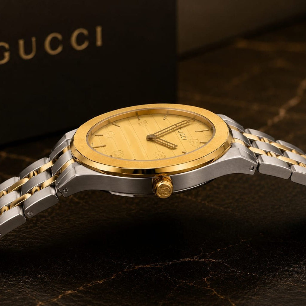 Gucci Men's | Two-Tone Stainless Steel | Gold Champagne GG Dial - VogueHourGucci Men's | Two-Tone Stainless Steel | Gold Champagne GG Dial