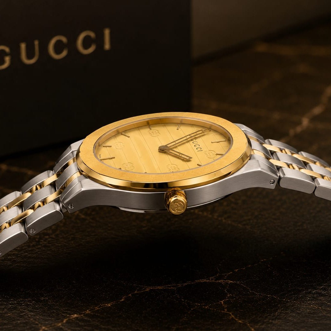 Gucci Men's | Two-Tone Stainless Steel | Gold Champagne GG Dial - VogueHourGucci Men's | Two-Tone Stainless Steel | Gold Champagne GG Dial
