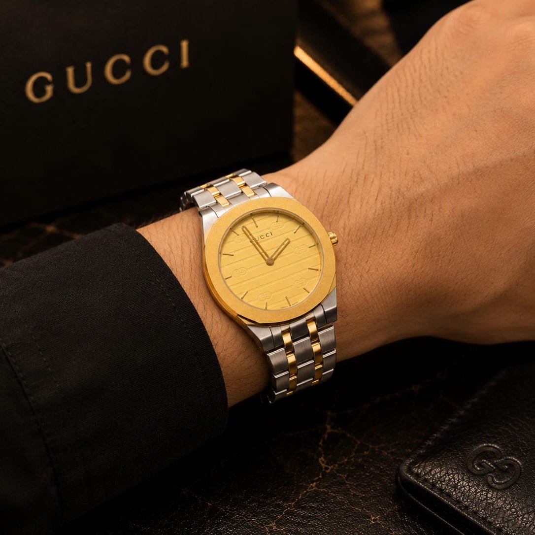 Gucci Men's | Two-Tone Stainless Steel | Gold Champagne GG Dial - VogueHourGucci Men's | Two-Tone Stainless Steel | Gold Champagne GG Dial