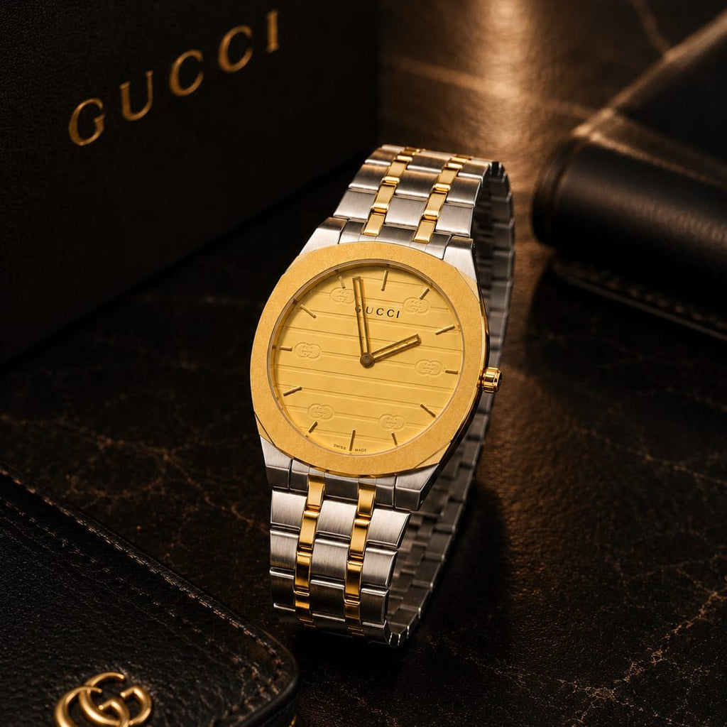 Gucci Men's | Two-Tone Stainless Steel | Gold Champagne GG Dial - VogueHourGucci Men's | Two-Tone Stainless Steel | Gold Champagne GG Dial