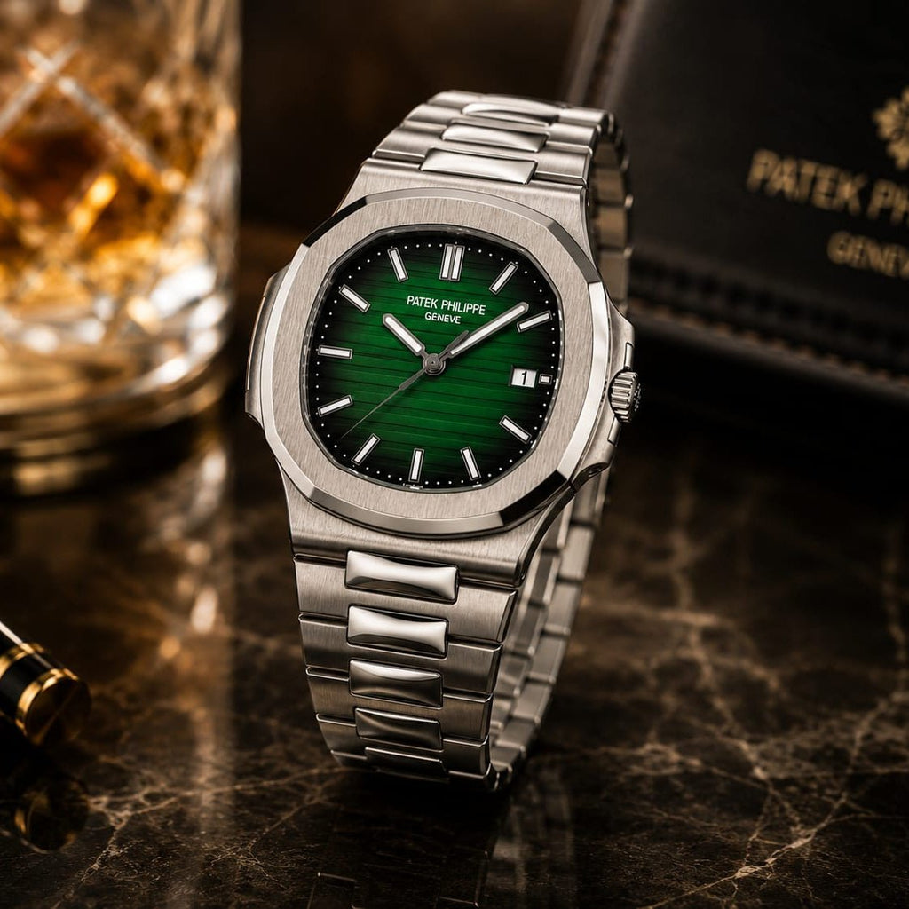 Patek Philippe Nautilus Men's | Emerald Green Textured Dial - VogueHourPatek Philippe Nautilus Men's | Emerald Green Textured Dial