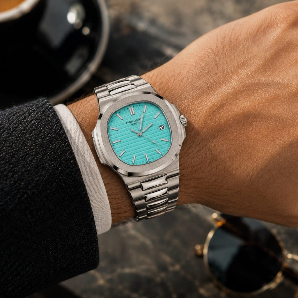 Patek Philippe Nautilus Men's | Tiffany Blue Textured Dial - VogueHourPatek Philippe Nautilus Men's | Tiffany Blue Textured Dial